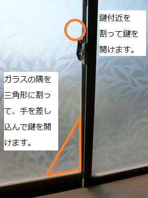 トイレなど死角になる窓ガラスの角を小さく割って手を差し込み鍵をあけて空き巣に侵入する手口